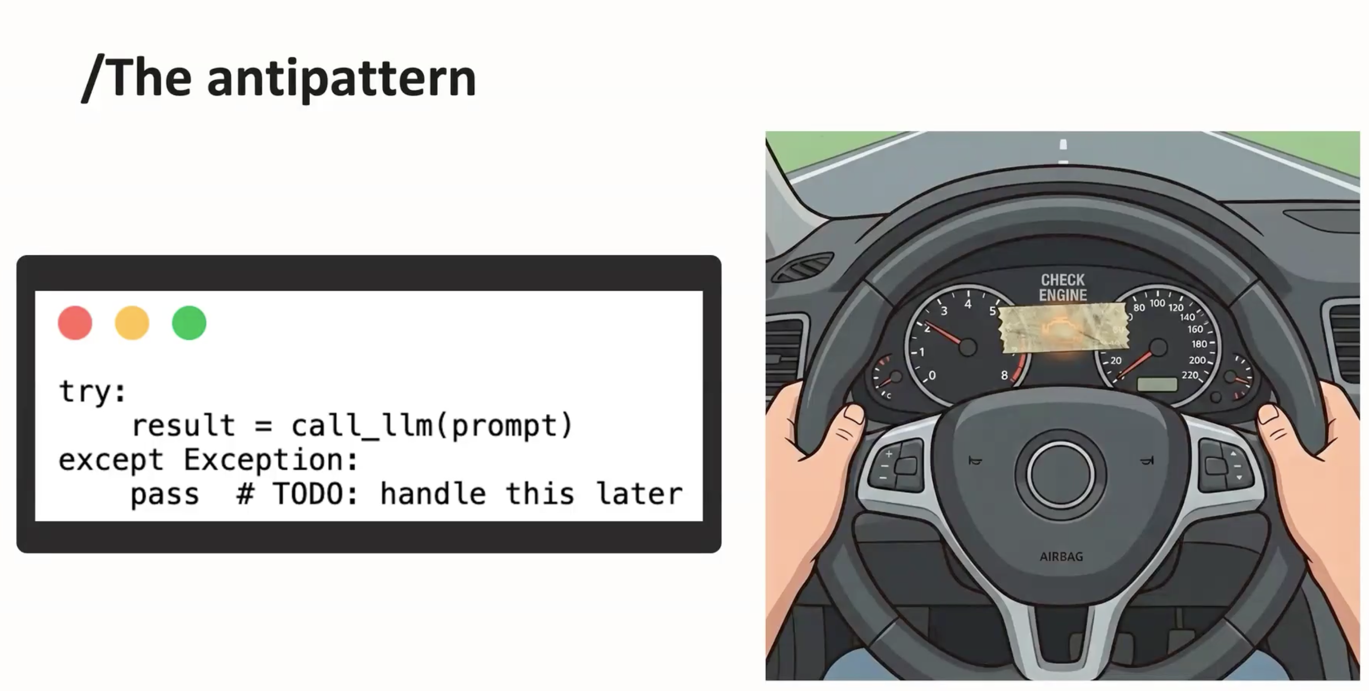 Observability in AI: slide showing the antipattern of unmonitored LLM calls